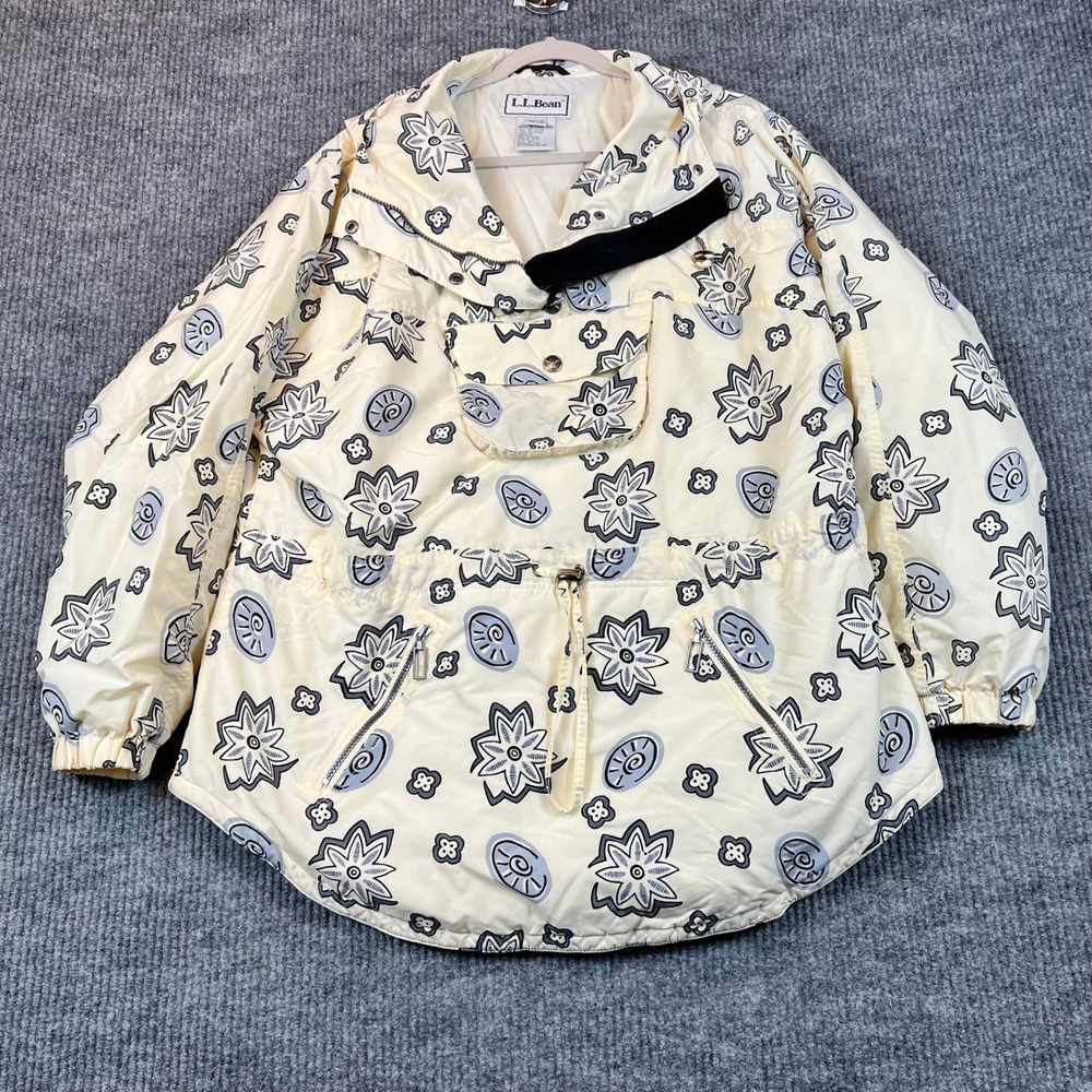 LL Bean Anorak Pullover Nylon Cream Floral Shell Print Cabincore Granola Girl XL